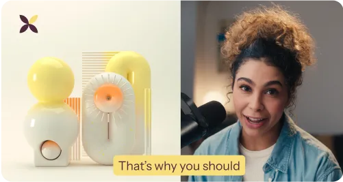 Split screen with products on the left and a woman speaking into a microphone on the right.